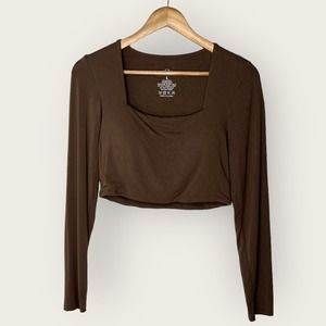 Klassy Network Long Sleeve Square Neck Brami Crop Top | Large Brown Sexy Cropped